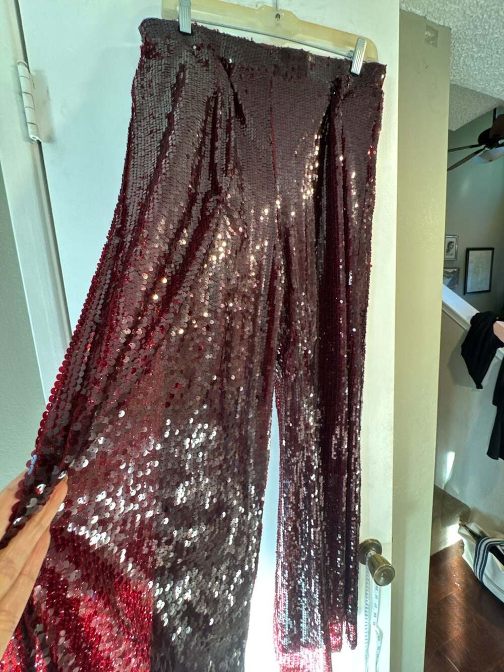 Lulus Sequin wide leg  Pants, Size L, Burgundy, High-Waisted, Wide-Leg, Sparkly,